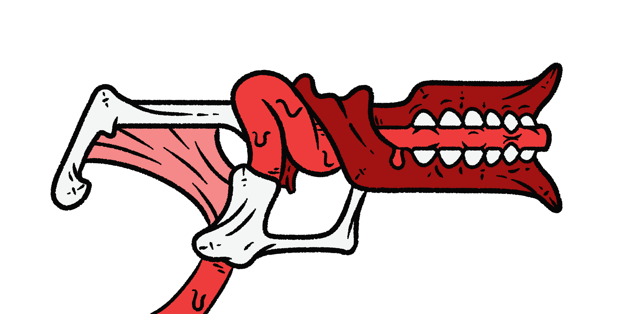 Illustration of a rifle made from flesh and bone. The bone provides structure, while the intestine is fit through the bottom of the bony grip and is tightened between two toothy jaws.
